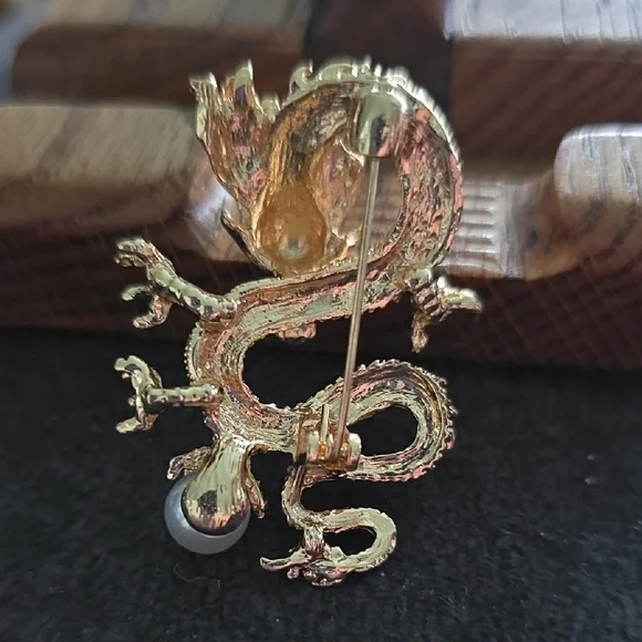 Gold Dragon Brooch with Teal Crystals and Pearl Accent - Picture 4 of 4
